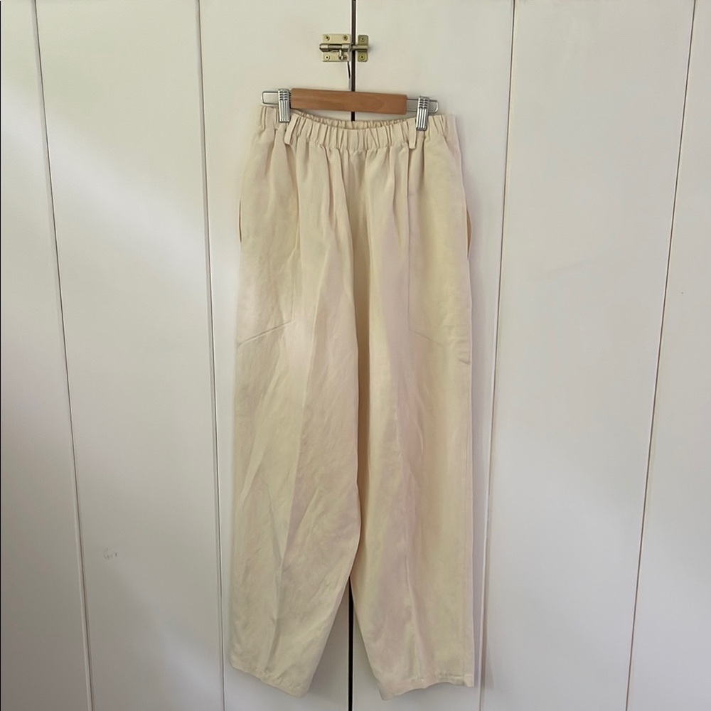 Dosa Silk Linen trousers Cream Elastic Waist barrel leg.